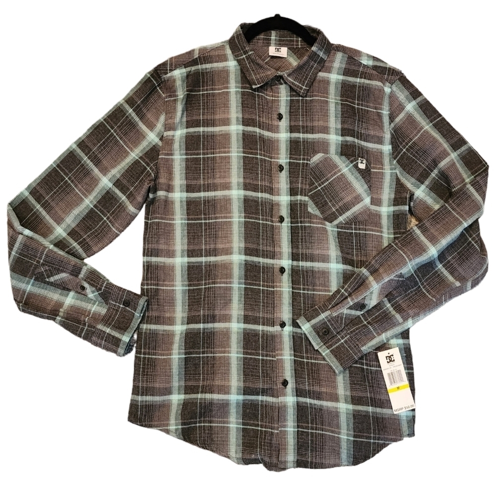NWT DC Grey Mint Plaid Long Sleeve Button Up Shirt Size Medium Cotton‎ Poly